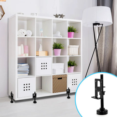 White shelving unit supported by 8 Pack Heavy Duty Adjustable Leveling Feet Set With Screws Lock Nuts And Wrench For Workbenches Cabinets Tables Shelves And Furniture Stable Level Anti Slip Pads Easy To Install