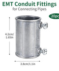 20 Piece Three Quarter Inch EMT Conduit Fittings Set For Connecting Pipes, heavy duty metal fitting with screws, dimensions labeled