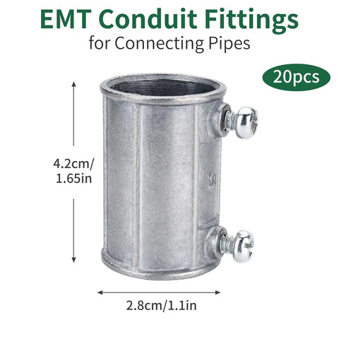 20 Piece Three Quarter Inch EMT Conduit Fittings Set For Connecting Pipes, heavy duty metal fitting with screws, dimensions labeled