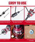 Image of Heavy Duty 7 Piece Countersink Drill Bit Set With Adjustable Depth Stop Collar showing step-by-step usage instructions.