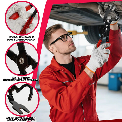 Exhaust Hanger Removal Tool by Amazon, heavy-duty pliers with 25° offset design and red/black non-slip grip in use under a vehicle