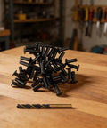 Grab These 45 Pack Black Steel Cable Railing Protector Sleeves For Durable Wood Posts. Top Quality Resistant Guards With Drill Bit Hardware Kit Included To Install Your Outdoor Deck Fast And Easy Today. black steel cable railing sleeves with drill bit on wood table