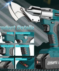 Beast Mode Cordless Sheet Metal Cutter with 21V battery, 360-degree pivoting head, and brushless motor. Ideal for cutting metal and cardboard.