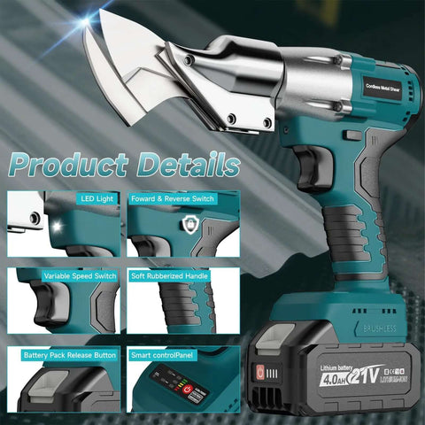 Beast Mode Cordless Sheet Metal Cutter with 21V battery, 360-degree pivoting head, and brushless motor. Ideal for cutting metal and cardboard.