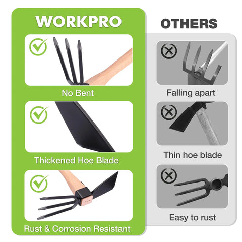 Comparison chart of Hoe And Cultivator Garden Rake With 14 Inch Wooden Handle And Sharp Hoe Blade highlighting durability and design features.