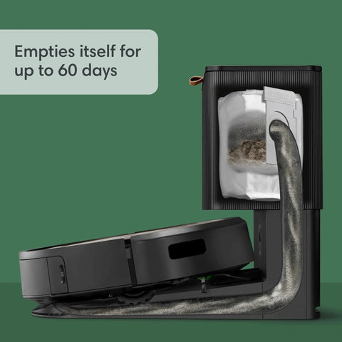 Side view of self-emptying robot vacuum with ultra strong suction and obstacle detection, 60 day auto-empty feature visible.