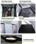 Detailed features of Go To Portable Shower Tent With Mesh Floor Carry Bag Easy Setup Lightweight Privacy Changing Room For Camping Hiking Fishing And Beach Trips Outdoors Now including mesh pockets, PE floor, and sandbag pockets for stability.