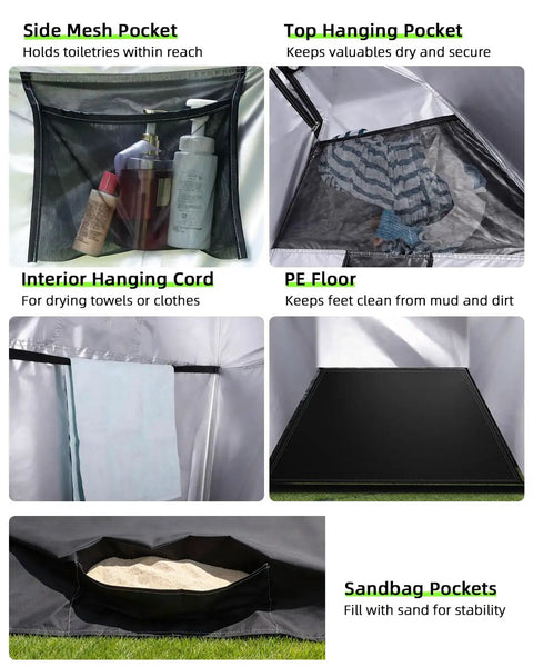 Detailed features of Go To Portable Shower Tent With Mesh Floor Carry Bag Easy Setup Lightweight Privacy Changing Room For Camping Hiking Fishing And Beach Trips Outdoors Now including mesh pockets, PE floor, and sandbag pockets for stability.