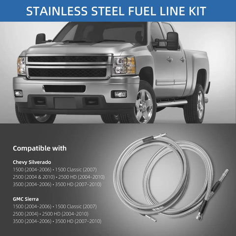 Upgrade Your Ride With Sleek Stainless Steel Braided Fuel Line Kit For Chevy Silverado And GMC Sierra 1500 Classic Or Heavy Duty Models From Year 2004 To 2010 Featuring Durable PTFE Hoses Perfect For Easy Install And Reliable Performance Under Pressure