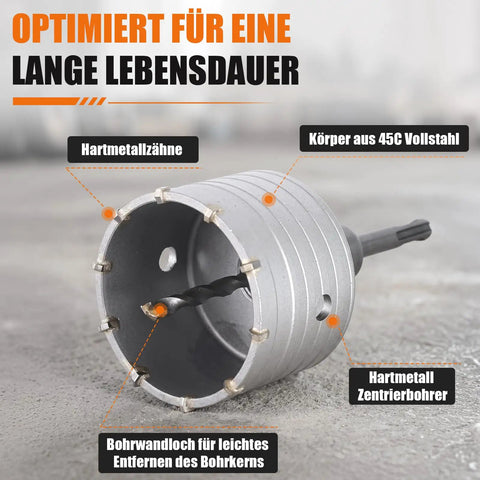 Close-up of 32 Piece Concrete Hole Saw Kit With 3 Drill Bits And SDS Plus And Max Shank, durable metal construction