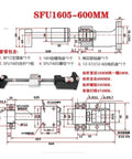 Beefed Up Ultra Low Backlash Ball Screw SFU1605 600mm Travel For CNC Machines With Smooth Rolling Motion Rugged Bearing Steel Build High Reliability Linear Drive For Precise Fast Milling And Accurate Positioning, technical drawing