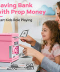 Mother and daughter using pink Electronic Piggy Bank For Girls With 4 Digit Password Lock ATM Style Money Safe For Kids.