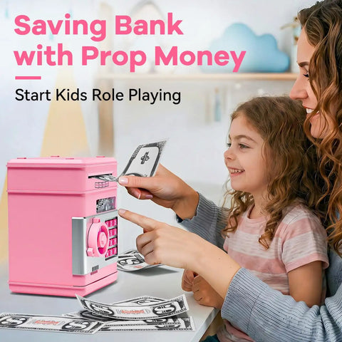 Mother and daughter using pink Electronic Piggy Bank For Girls With 4 Digit Password Lock ATM Style Money Safe For Kids.