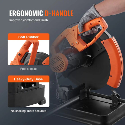 Heavy Duty Workhorse Abrasive Chop Saw With 14 Inch Blade 2300W 3600RPM Metal Cutting Machine features ergonomic D-handle