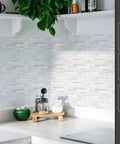 Dope Premium Peel And Stick Kitchen Backsplash Tiles 12 By 12 Inch White Marble Look Self Adhesive Wall Tiles shown applied in kitchen