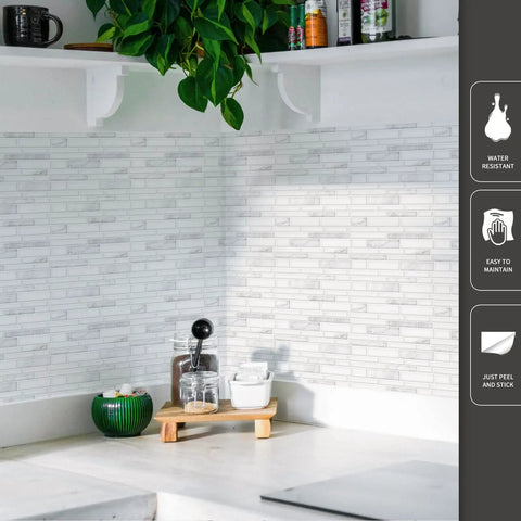 Dope Premium Peel And Stick Kitchen Backsplash Tiles 12 By 12 Inch White Marble Look Self Adhesive Wall Tiles shown applied in kitchen
