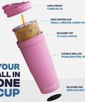 Slick 30 Oz Double Wall Insulated Tumbler Locks Temperature On Coffee Or Soda All Damn Day Long Baby Blue Stainless Steel Mug With Secure Lid Crafted For Weekend Warriors And The Daily Commute showing leak-proof lid and iced coffee setup.