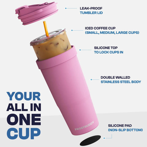 Slick 30 Oz Double Wall Insulated Tumbler Locks Temperature On Coffee Or Soda All Damn Day Long Baby Blue Stainless Steel Mug With Secure Lid Crafted For Weekend Warriors And The Daily Commute showing leak-proof lid and iced coffee setup.