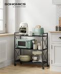 Three Tier Rolling Steel Storage Rack With Mesh Shelves Smooth Wheels Heavy Duty Entryway Organizer showcasing kitchen appliances.