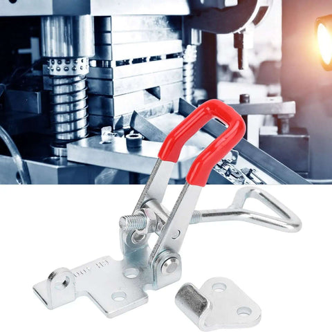 Fast Clamping Toggle Clamp 4002 Galvanized With Triangular Lever for welding and assembly, red handle, close-up.