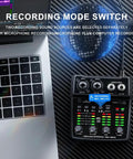 M12 USB Audio Interface With 2 Channel Mixer XLR And 3.5mm Input 48V Phantom Power next to a laptop on a carbon fiber surface.