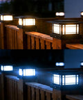 Boss Tier 4X4 Solar Post Cap Lights With Slick Black Shield And Dual Tone LED Panels For Vinyl Or Wooden Fences illuminating wooden fence at dusk.