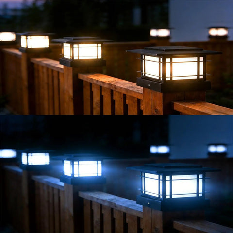 Boss Tier 4X4 Solar Post Cap Lights With Slick Black Shield And Dual Tone LED Panels For Vinyl Or Wooden Fences illuminating wooden fence at dusk.