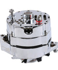 Side view of Chrome Replacement Alternator For Chevy Big Block And Small Block V8 105 Amp 1 Wire High Output RA00114 12 Volt CW Rotation IR Regulator