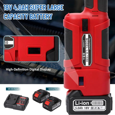 Professional 18V Cordless Pipe Crimping Tool With Four Interchangeable Jaws And A Smooth 180 Swivel Head showing 18V 4.0Ah battery and charger.