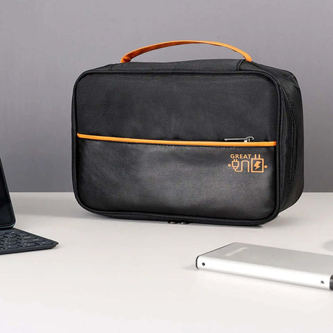 Heavy Duty Badass Electronics Organizer Bag For Travel Cables Chargers Power Bank Cell Phone Gear Hauler, black with orange accents