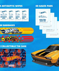 Hot Wheels Bandage Kit For Kids Cute Bandages For Infants And Children Latex Free Assorted Variety Pack With Travel Tin Case 33 Count First Aid Essentials For On The Go Kid Friendly, showing bandages, antiseptic wipes, gauze pads, and tin case with car design.