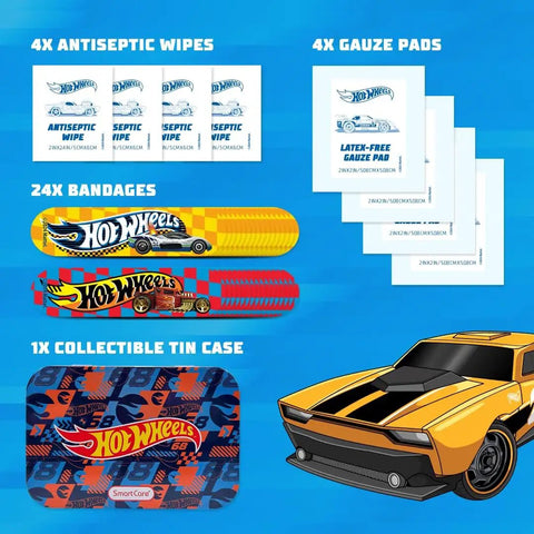 Hot Wheels Bandage Kit For Kids Cute Bandages For Infants And Children Latex Free Assorted Variety Pack With Travel Tin Case 33 Count First Aid Essentials For On The Go Kid Friendly, showing bandages, antiseptic wipes, gauze pads, and tin case with car design.