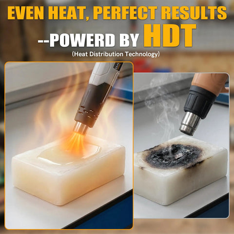 Powerful 380W Heat Gun Hot Air Tool With Dual Temperature Settings 572F And 1022F demonstrating uniform heat technology.