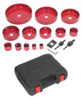 Heavy Duty 17 Pc Hole Saw Kit With Bi Metal Drill Bits For Woodworking And Metal Cutting Jobs Featuring Smooth Stable Operation To Slice Through Plastic Steel Fast Without Vibration Or Hassle In A Handy Carrying Case. 17-piece red bimetal hole saw set with case