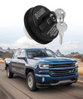 Locking Gas Cap With Key For Cars, Heavy Duty Fuel Cap Replacement OEM 12495845, ABS Plastic Tank Cap floating over truck.