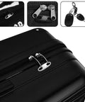 Ultra Durable Mini Carabiner Clips 4 Pack For Zippers shown on suitcase, anti theft locking mechanism, black zinc alloy.