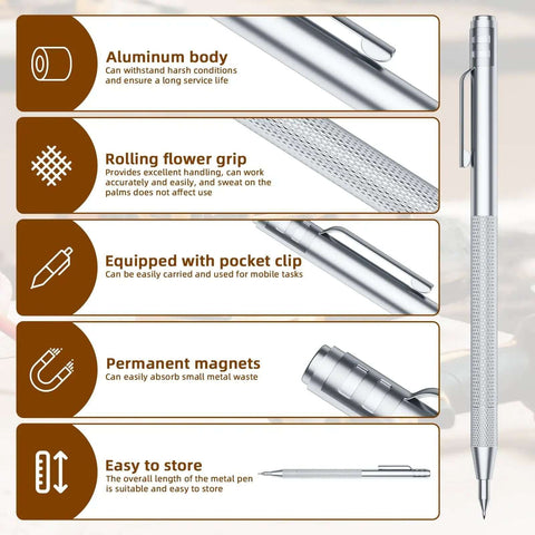 Five Pack Tungsten Carbide Scriber Set With 25 Replacement Tips Magnetic Engraving Pen And A 6 Inch Stainless Steel Ruler features