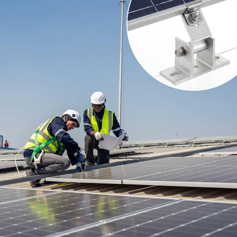 Two workers installing Slap On Those Bad Boy Solar Panel Mount Brackets For Flat Roofs And RV Rigs with aluminum alloy.