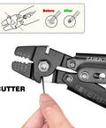 Hand using Heavy Duty Wire Rope Crimp Tool Kit For 1/16, 3/64 And 5/64 Inch Cable to cut wire with diagram above