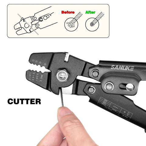 Hand using Heavy Duty Wire Rope Crimp Tool Kit For 1/16, 3/64 And 5/64 Inch Cable to cut wire with diagram above