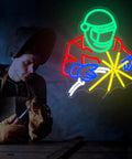Neon Sign LED Light For Garage Wall Decor With Welding Helmet Design And Arc Spark Blue Gloves Glow Lit Bar Vibe