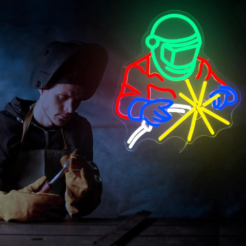 Neon Sign LED Light For Garage Wall Decor With Welding Helmet Design And Arc Spark Blue Gloves Glow Lit Bar Vibe