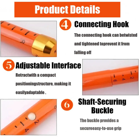 Close-up of Adjustable Surveying Rod Pro-Grade Aluminum Pole with connecting hook, adjustable interface, and shaft-securing buckle.