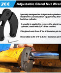 Adjustable Gland Nut Wrench For Hydraulic Cylinders On Farm And Construction Equipment, Reversible Pinholes For One Quarter Inch And Seven Thirty Second Inch, Fits Small Gland Nuts From One Inch To Three And Three Quarter Inch, One Half Inch Drive.