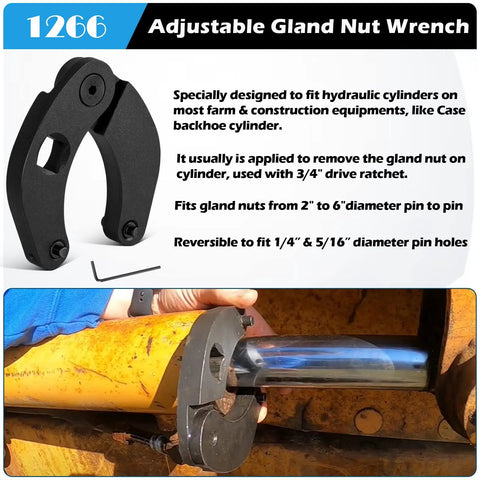 Adjustable Gland Nut Wrench For Hydraulic Cylinders On Farm And Construction Equipment, Reversible Pinholes For One Quarter Inch And Seven Thirty Second Inch, Fits Small Gland Nuts From One Inch To Three And Three Quarter Inch, One Half Inch Drive.