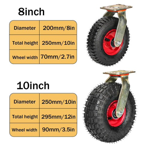 Heavy Duty Caster Wheels With Top Plate Swivel For Furniture And Workbenches, Carts And Outdoor Garages, 8in and 10in sizes
