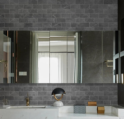 Bathroom with dark gray peel and stick floor tile set with faux marble look subway tiles, easy install for backsplash.