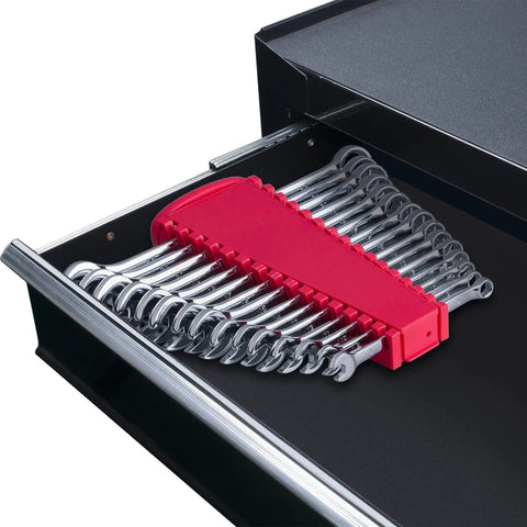 Premium 15 Piece Wrench Set Built Tough With Chrome Vanadium Steel Long Pattern Design Metric Sizes 8mm To 22mm in storage rack