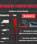 Diagram showing compatibility of truck, SUV, and pickup with 12 Ton capacity warning for Pneumatic Bottle Jack With Manual Pump
