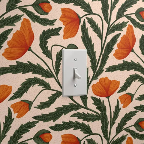 Botanical Chintz Vinyl Wallpaper Featuring Subtle Leather Texture Hella Durable Commercial Grade Wallcovering Custom Printed Just For You with light switch.